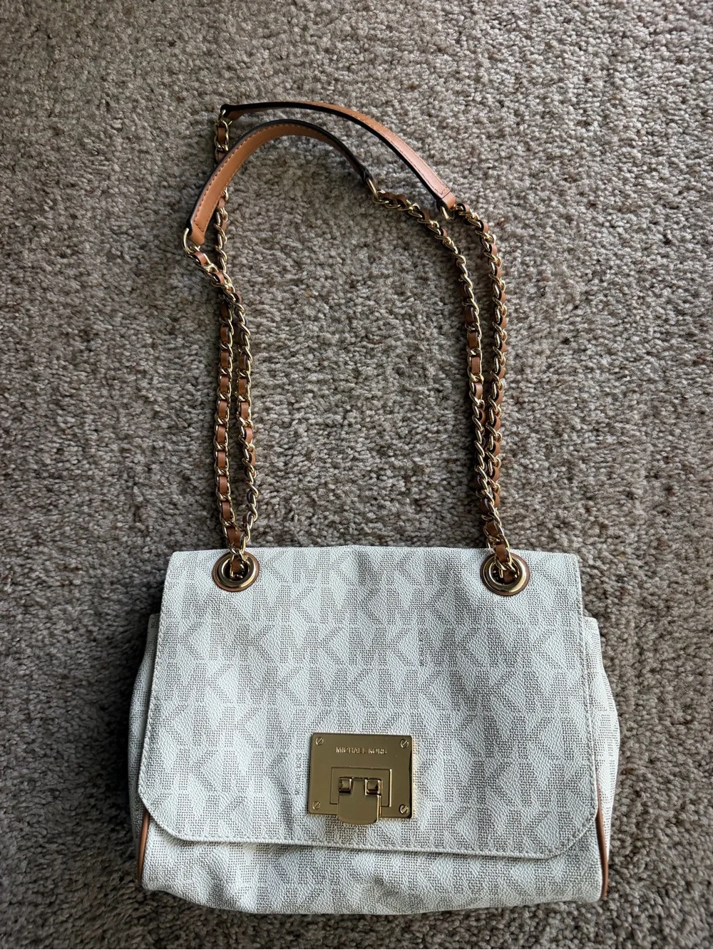 Michael Kors Ivory Signature MK Chain Shoulder Bag with Tan Trim